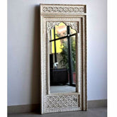 Mehrab Indian Hand Carved Mirror Arched Globe Wooden Wall Decor 120x60cm Silver  -